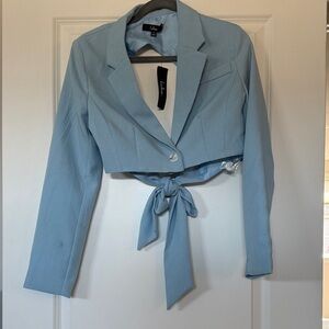 Lulu's Sky Blue Cropped Tie-Waist Blazer